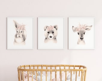 Baby Animal Face Nursery Prints, Bunny, Lamb, Deer, Fluffy Faces, Woodland Animal Prints, Baby Girl Nursery, Baby Wall Decor, Flowers,