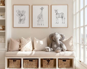 Safari Animal Prints: Set of 3 Baby Nursery Pencil Drawings
