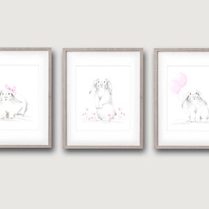 Bunny Nursery Prints, Set of 3 Bunny Art, Rabbit Pencil Drawings, Girl Nursery Decor, White Long-Eared Bunny Sketches, Farmhouse Nursery