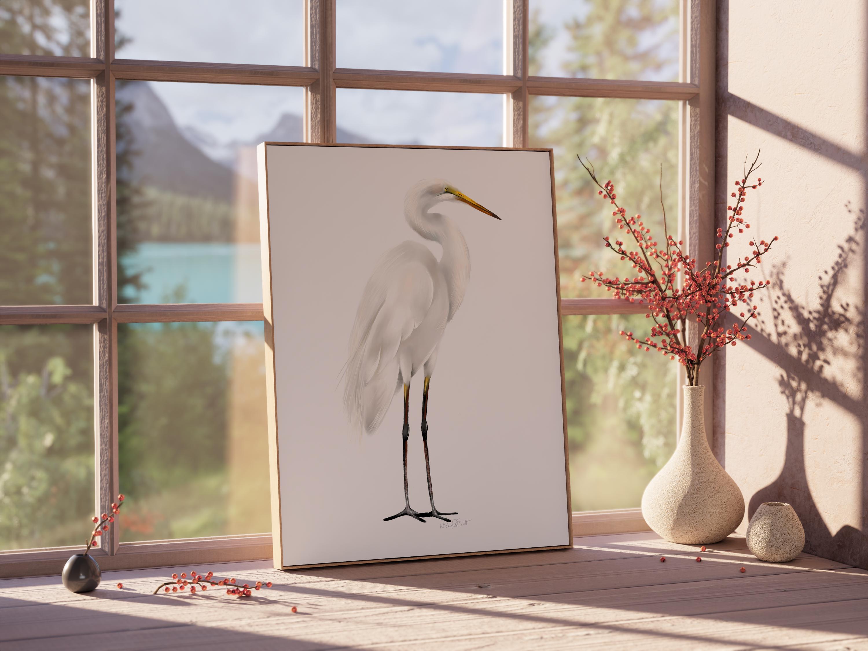 サギの水彩画、背の高い白いサギのアートプリント、海岸の鳥の装飾 