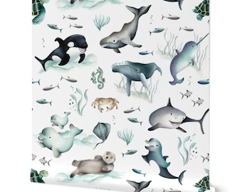 Ocean Sea Animals Wallpaper, Nautical Nursery Decor, Removeable Peel and Stick Wallpaper, Baby Boy Room, Dolphin, Fish, Whale Nursery,