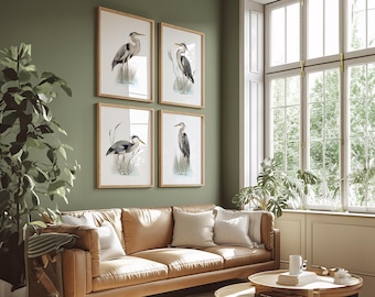 Blue Heron Bird Art Print Set of 4: Lake Birds Wall Decor