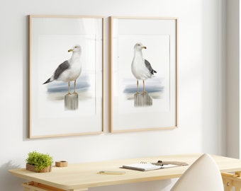 Seagull Art Print Set: Coastal Watercolor Bird Illustrations