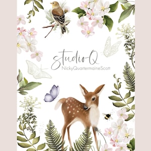 May include: A watercolor illustration featuring a fawn with white spots, surrounded by greenery, flowers, butterflies, and a bird. The text "Studio Q NickyQuartermaineScott" is displayed in the center. The artwork has a soft, pastel color palette.