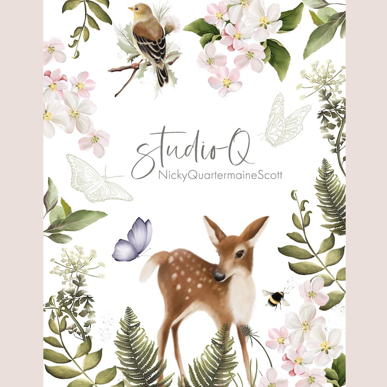 May include: A watercolor illustration featuring a fawn with white spots, surrounded by greenery, flowers, butterflies, and a bird. The text "Studio Q NickyQuartermaineScott" is displayed in the center. The artwork has a soft, pastel color palette.