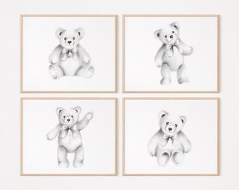 Teddy Bear Sketch Prints: Set of 4, Minimalist Nursery Art