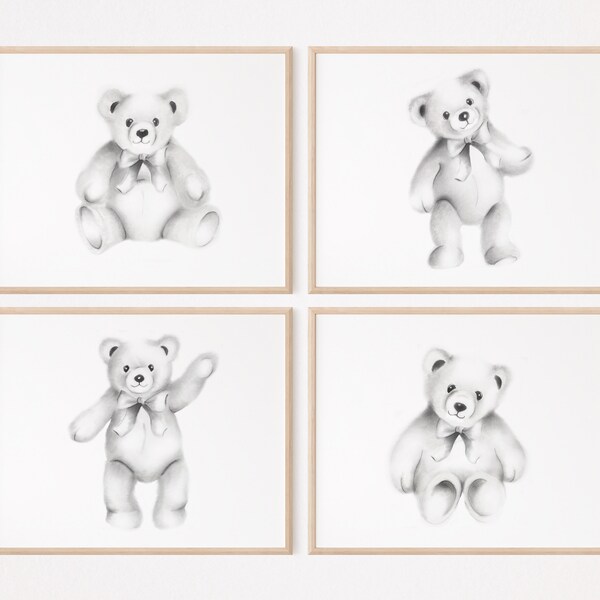 Teddy Bear Sketch Prints: Set of 4, Minimalist Nursery Art