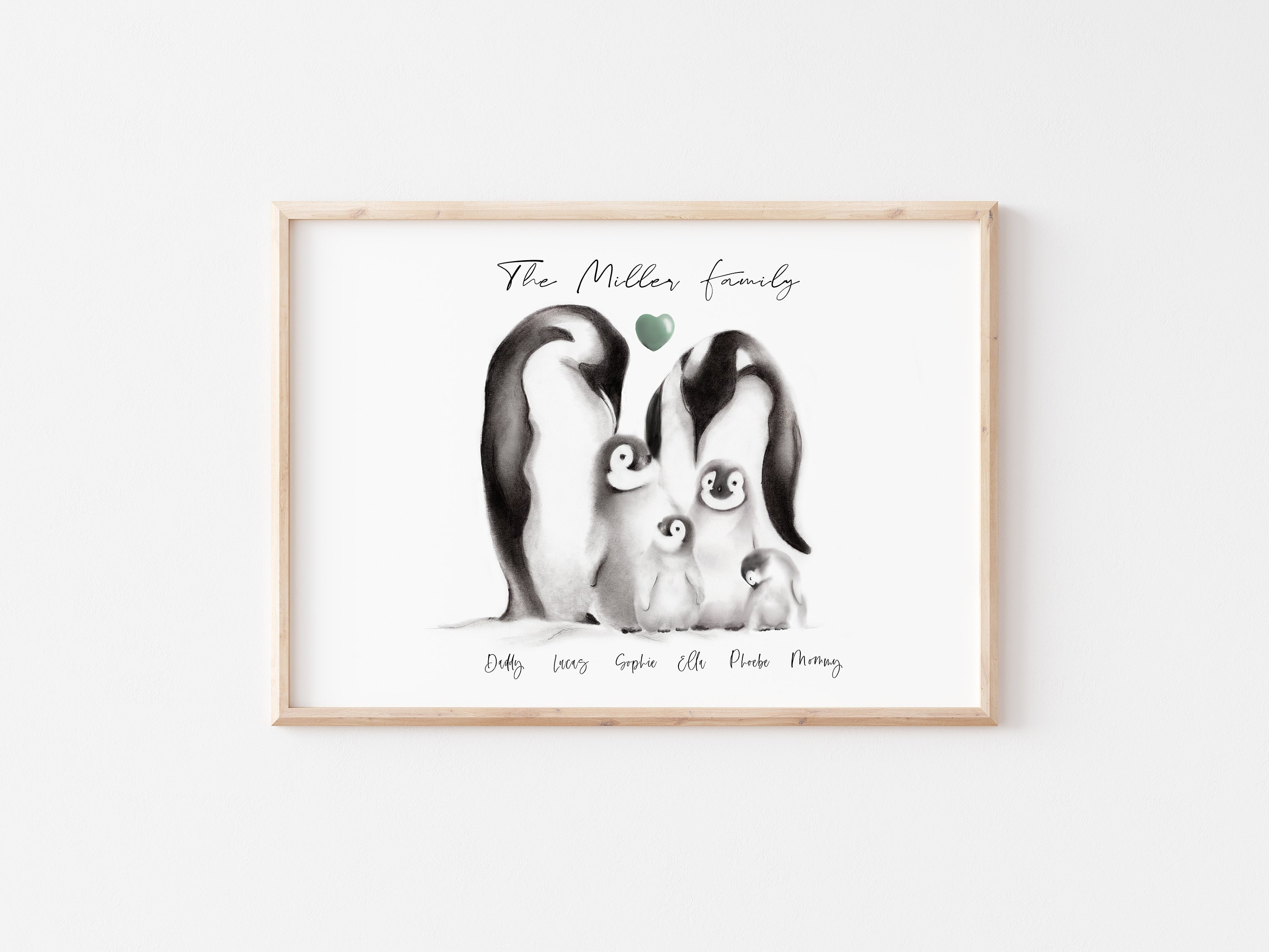 Personalized Penguin Family Art Print, Custom Penguin Family Name Sketch, New Family Gift, New Baby Gift, Mother's Day Gift,