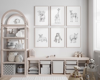 Safari Nursery Art Prints: Baby Animal Pencil Sketches, Set of 6