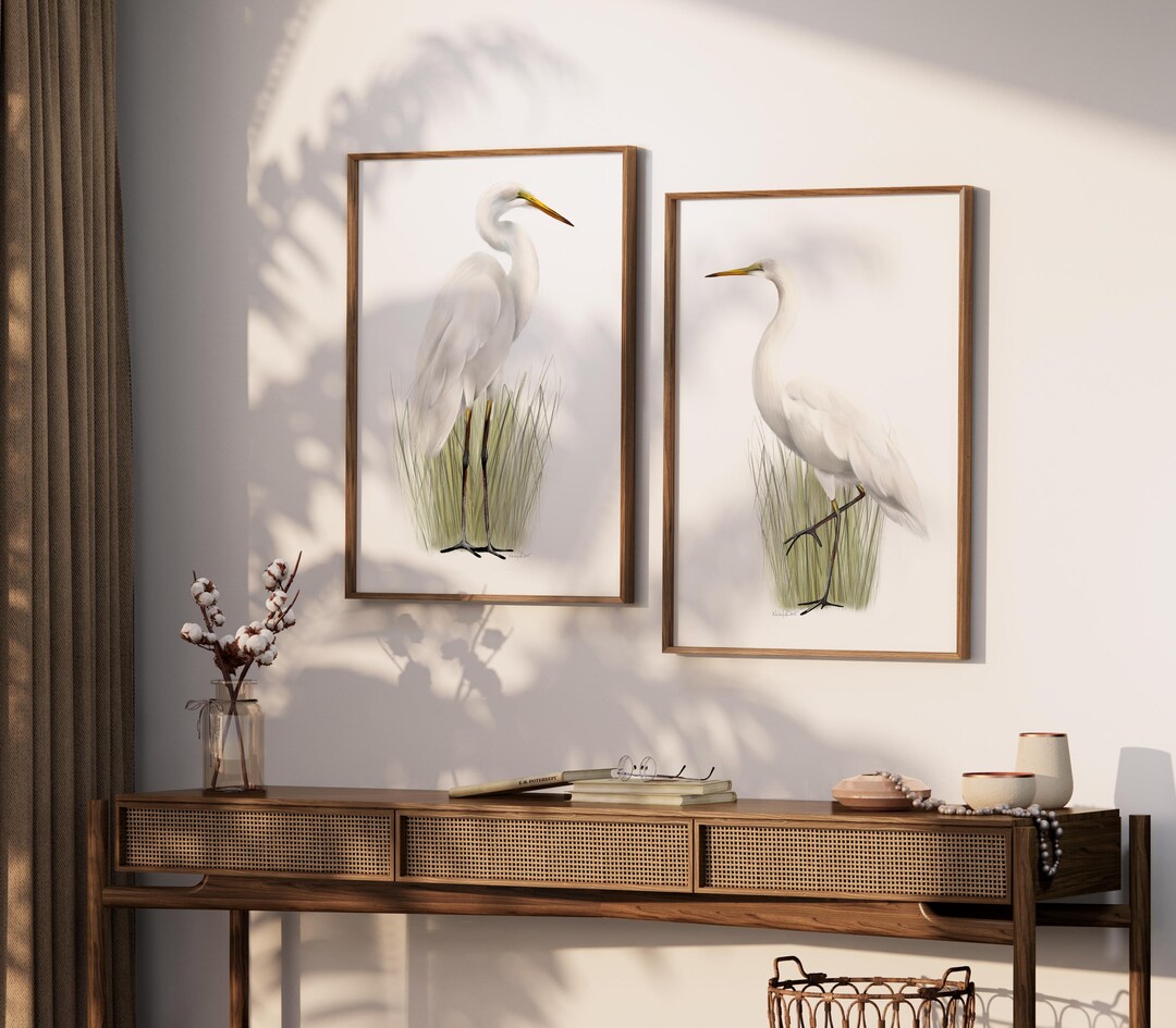 White Egret Bird Art Prints: Wildlife Wall Decor, Set of 2 - Etsy