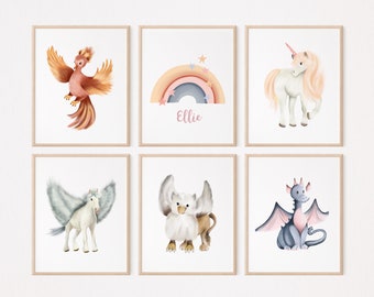 Mythical Creature Art Prints, Fantasy Animal Nursery, Personalized Baby Nursery Decor, Griffin Print, Dragon, Phoenix, Rainbow, Unicorn,