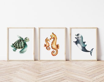 Ocean Nursery Art Prints, Set of 3 Sea Prints, Nautical Nursery Decor, Baby Dolphin, Beach Baby Prints, Octopus Nursery, Baby Sea Turtle Art