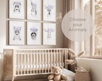 Baby Animal Flower Face Prints: Lavender Pencil Drawings, Nursery Decor, Set of 6