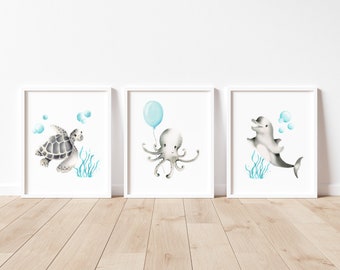 Sea Animal Nursery Art Prints, Ocean Nursery Decor, Nautical Nursery Art, Baby Wall Decor, Dolphin Art Print, Octopus Balloon, Coastal Baby