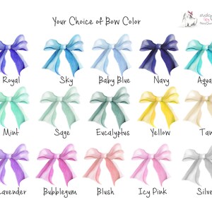 May include: A chart showing 15 different bow colors for a personalized gift. The colors are: Royal, Sky, Baby Blue, Navy, Aqua, Mint, Sage, Eucalyptus, Yellow, Tan, Lavender, Bubblegum, Blush, Icy Pink, and Silver.
