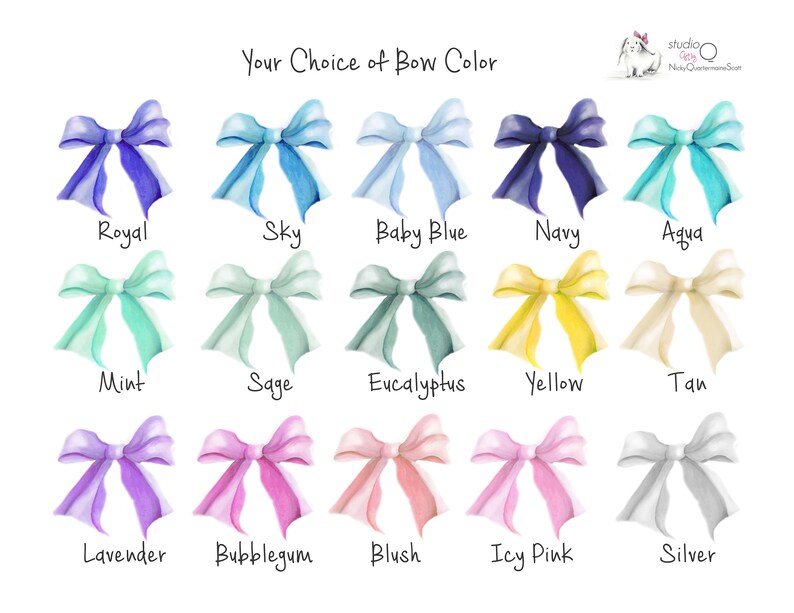 May include: A chart showing 15 different bow colors for a personalized gift. The colors are: Royal, Sky, Baby Blue, Navy, Aqua, Mint, Sage, Eucalyptus, Yellow, Tan, Lavender, Bubblegum, Blush, Icy Pink, and Silver.