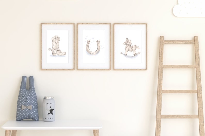 Set of 3 cowboy sketch art prints with blue accents. Shown in frames (not included). Art by Studio Q - Nicky Quartermaine Scott