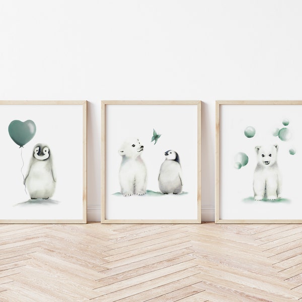 Penguin and Polar Bear Nursery Art Prints, Winter Nursery Decor, Arctic Animals, Gender Neutral Baby Decor, Baby Animal Art Gift for Baby,