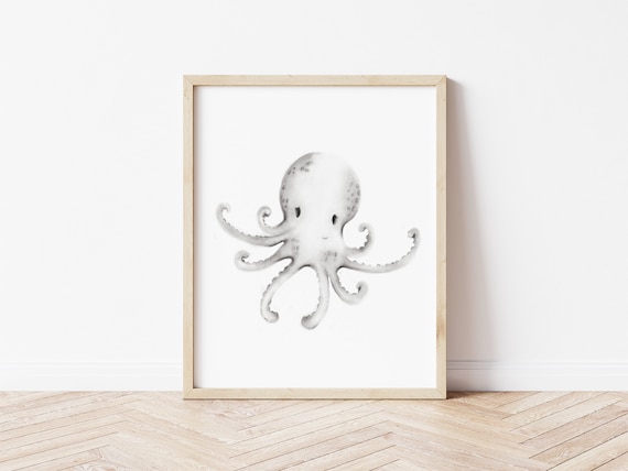 Bébé pieuvre, art marin pour chambre d'enfant, dessin au crayon