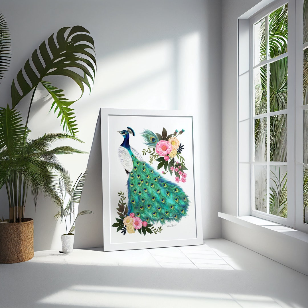 Peacock and Peonies Wall Art Print, Floral Bird Illustration, Botanical ...