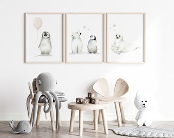 Arctic Nursery Prints, Gender Neutral Baby Wall Decor, Penguin Nursery Art, Nursery Wall Decor, Baby Wall Art, Penguin and Polar Bear Stars