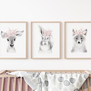 Girl Woodland Nursery Prints, Baby Animal Flower Crowns, Set of 3 Nursery Wall Art, Pink Baby Girl Nursery Decor, Blush Baby Woodland Art,
