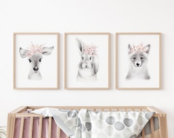 Girl Woodland Nursery Prints, Baby Animal Flower Crowns, Set of 3 Nursery Wall Art, Pink Baby Girl Nursery Decor, Blush Baby Woodland Art,