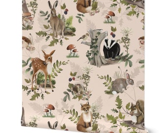 Woodland Nursery Wallpaper, Forest Animals Kids Room Wallpaper, Baby Girl Room Decor, Fox, Bunny, Hare, Badger, Mushrooms, Toadstools,