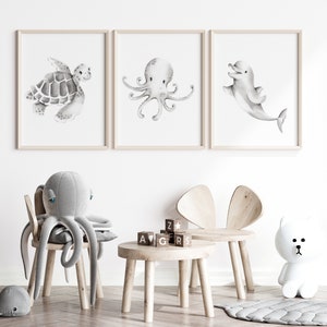 Sea Nursery Prints, Ocean Wall Art, Nautical Prints for Baby, Set of 3 Nursery Prints, Grey Baby Decor, Gender Neutral Baby, Ocean Creatures