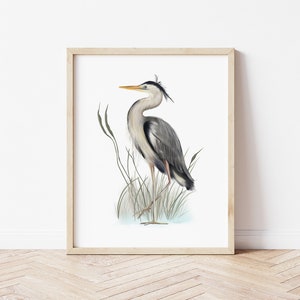 Reiger print, kust vogel kunst, grote blauwe reiger print, nautische vogel print, cadeau voor vriend, vogel Boho kunst aan de muur, nautische wand decor