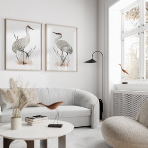 Set of 2 Sandhill Crane birds standing in tall grasses on a white background. Art illustrations shown in wood frames. Studio Q - Art by Nicky Quartermaine Scott