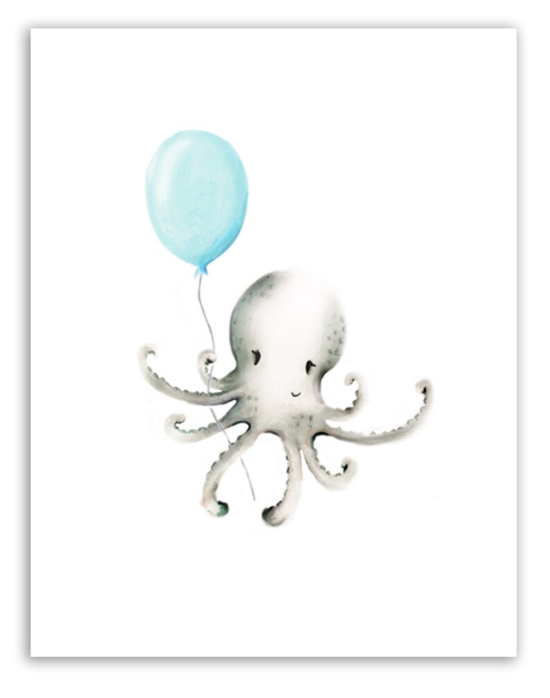 Octopus Nursery Art Baby Octopus Balloon Print Aqua Etsy