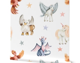 Mythical Creatures, Peel and Stick Wallpaper, Nursery Wallpaper Design, Mythological Kids Room, Dragon Wallpaper, Unicorn, Phoenix, Griffin,