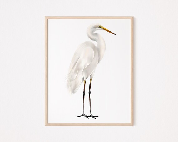 Great Egret Painting, Tall White Heron Watercolor Art, Seabird Print, Saltwater Bird Art Print, Coastal Bird Art, Nautical Bird Artwork,