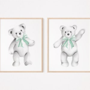 Teddy Bear Nursery Art Prints: Sketched Teddies with Bows, Set of 2
