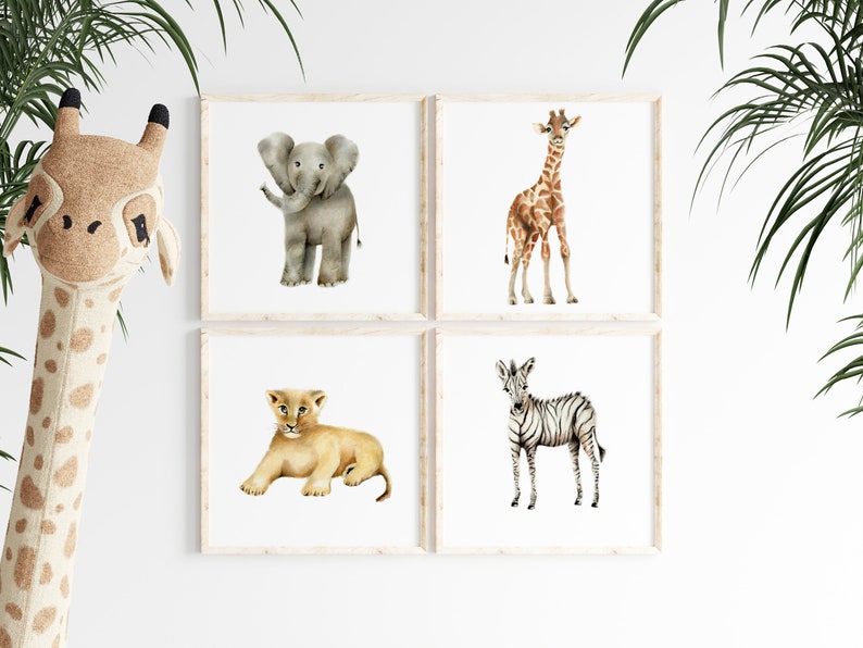 Baby Safari Animal Prints, Set of 4 Jungle Nursery Decor, Elephant Nursery, Gender Neutral Baby, Baby Animal Wall Decor, Grandson Gift, image 1