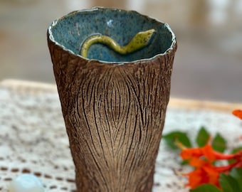 Woodland gift ceramic tumbler snake inside tree texture one of a kind handmade cottage core pottery