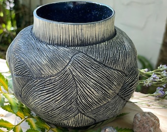 Textured Vase Black and white ceramic pottery vase hair like texture blue crystalline interior wheel thrown and carved one of a kind