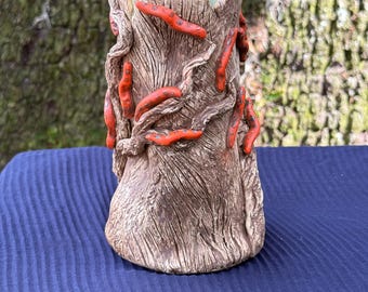 Hand-Sculpted Ceramic Tree Stump Vase with Caterpillar Vine Texture