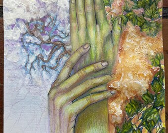 Pop Surrealist Original Painting: Green Hands, Ivy, Psychedelic Mixed Media Art (11x14 inches)