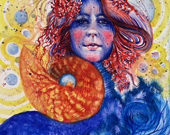 Surreal Original Watercolor Painting with Nautilus shell and ocean and female