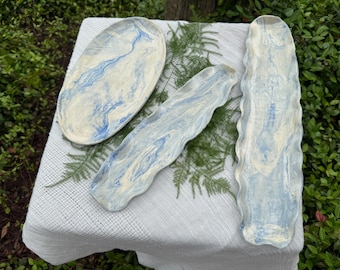 Marbled Blue White Ceramic Platters – Handmade One of a Kind Home Decor