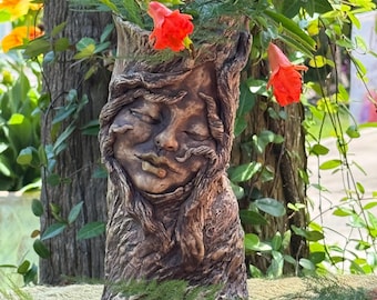 Vase with a Face and Tree Branches wooden texture ceramic handmade one of a kind
