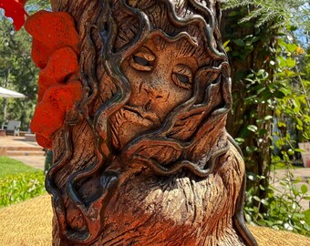 Unique Figurative Vase With Tree Bark Texture and Orange Mushrooms