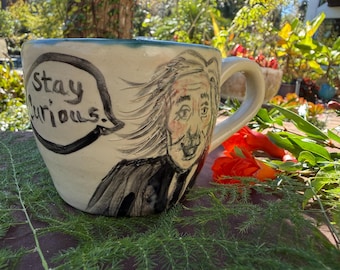 Stay Curious Albert Einstein Pottery Mug Unique Ceramic cup with inspirational quote cool gift for scientist