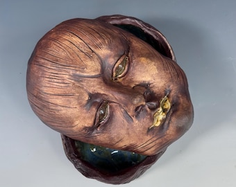 Creepy Ceramic Keepsake box weird hand sculpted face pottery