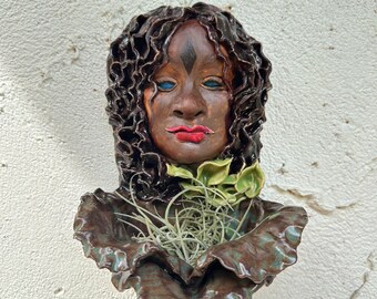 Dark Female Sculptural Planter Black Goddess ceramic sculpture wall hanging garden art wall decor cottage core woodland unique handmade