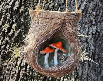 Hand-sculpted Ceramic Woodland Planter with Orange Mushrooms – Whimsical Nature Art