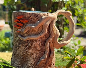 Handmade Ceramic Mushroom Stein Log Mug with Antler Handle – Woodland Art Sculpture