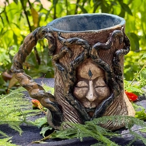 Tree Stein with Face Large handmade sculpted pottery one of a kind no molds twisted branches as woodland ceramic handle